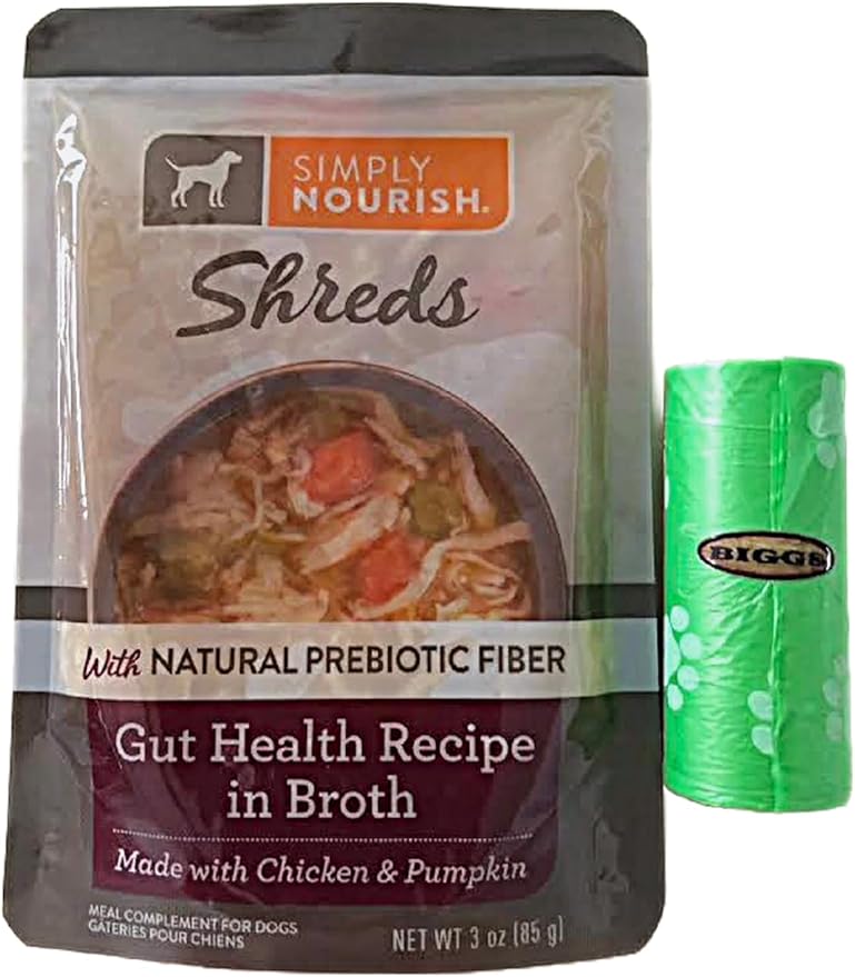 SIMPLY NOURISH Shreds Meal Toppers Pack of 4-3 Ounce Pouches. Plus Biggs Dog Waster Roll. (Gut w/Chicken & Pumpkin)