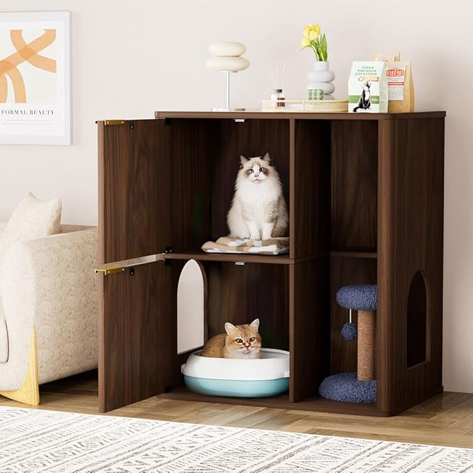Cat Litter Box Enclosure Furniture, 2 Storey Hidden Litter Box Cabinet with Scratching Post & Storage Shelf, Fluted Modern Litter Box Enclosure for Living Room, Bedroom,Walnut