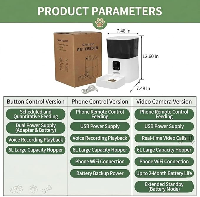 Smart Automatic Pet Feeder with HD Camera and App Control, Cats and Dogs, 6L Capacity Dual Power Supply, Video Monitoring Pet Food Dispenser for Travel and Work (Dual-Camera Version)