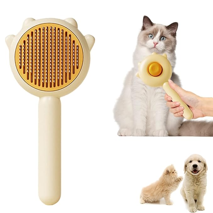 Vingtank Pet Hair Cleaner Brush, Hair Brush for Cats and Dogs, Self Cleaning Slicker Comb for Kitten, Removes Tangles Loose Fur (Yellow, Hair Type: Thin, Thick, Curly)