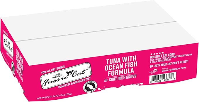 Fussie Cat Premium Canned Wet Cat Food in Goat Milk Gravy - 2.47 oz Cans - Case of 24 Cans (Tuna & Oceanfish)