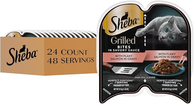 Sheba Perfect Portions Grilled in Savory Sauce Adult Wet Cat Food with Flaky Salmon in Gravy, 2.64 oz. Twin-Pack Trays, 24 Count, 48 Servings