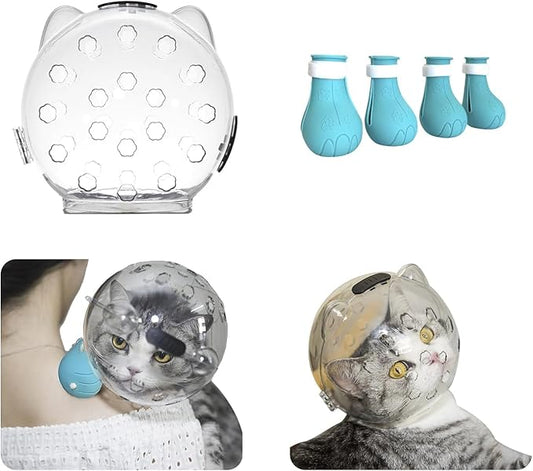 Bubble Muzzle and Boots for Cat Grooming Nail Trimming Cat Astronaut Helmet Grooming Mask with Anti Bite Breathable Silicone Paw Covers (L)
