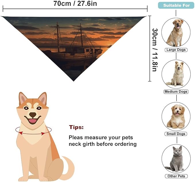 Dog Bandana Spring Pet Scarf Adjustable Triangle Boat at Dusk Printing Dog Bib Washable Polyester Puppy Bandana for Small Medium Large Dogs Cat Birthday Party Supplies