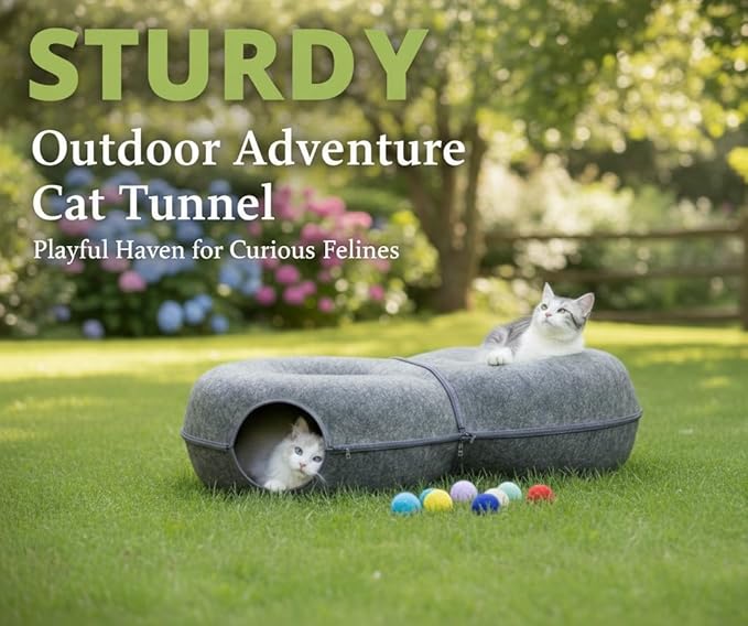 Extra Large 8-Shaped Cat Tunnel Bed 38 x 24 x 11 Inch for Indoor Cats – 2 in 1 Plush Cat Cave & Play Tunnel with Hanging Toy Balls & Bonus Bird Toy, Cozy Hideout for Multiple Cats (Dark Grey)