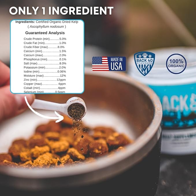 Organic Kelp Powder for Dogs, Dried Sea Kelp Supplement for Thyroid Function, Dental Health, Immune Support, Digestion, Skin & Coat - Iodine Rich - Multivitamin for Cats & Dogs - Made in USA