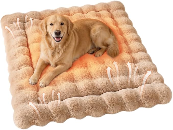 Self-Warming Dog Bed, Plush Faux Fur Mat with Anti-Slip Bottom, Ultra Soft Heated Pet Bed for Medium Large Dogs, Cozy Fluffy Pad for Carriers Couch Crate, Machine Washable, 35 x 27 Inch Coffee