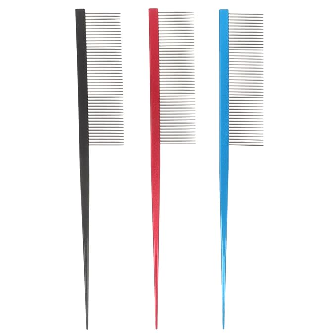 3pcs Stainless Steel Fine Tooth Pet Comb for Dogs Cats – Precision Grooming Dematting Tool with Square Handle in Blue Black Red – Shedding Hair Removal for Long Haired Pets