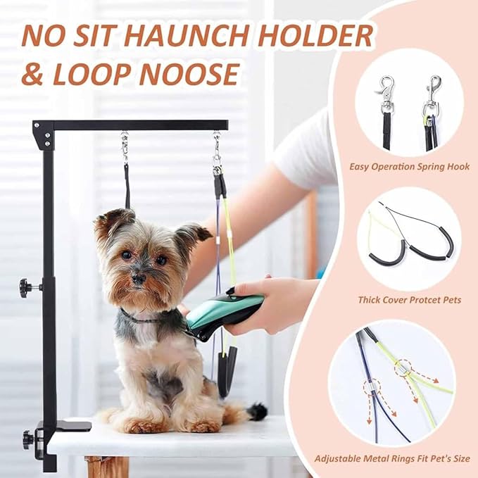 Adjustable Dog Grooming Table Arm, Dog Grooming Arm with Clamp with Two No Sit Haunch Holder & Hammock Harness, Foldable Pet Grooming Supplies,for Small Medium Dogs