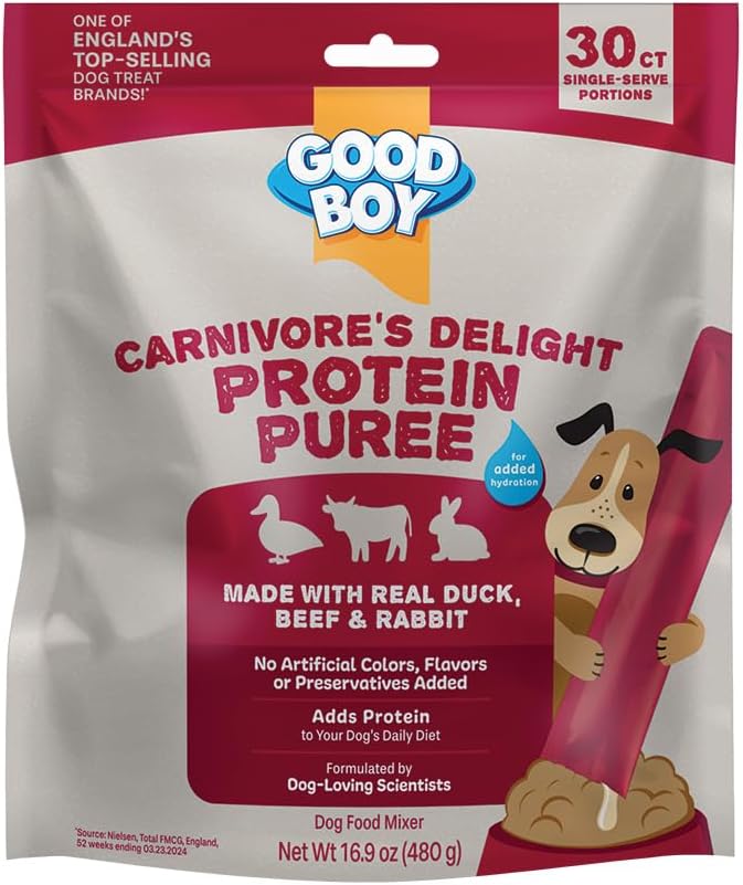 Good Boy Carnivore’s Delight Protein Purees Dog Food Mixers for All Adult Dogs, 30 Count, Easy Single-Serve Triple Flavor Topper Treats with Duck, Beef and Rabbit