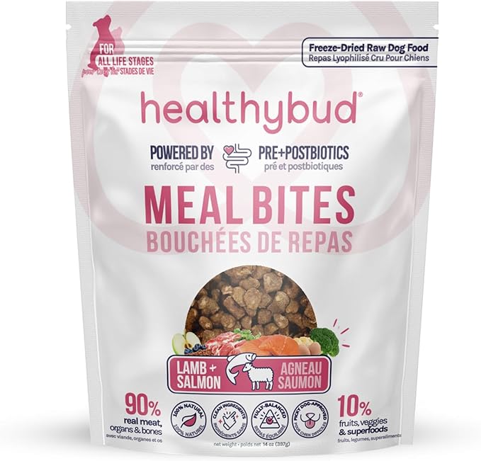 healthybud Raw Dog Food Freeze Dried Bites, Grain Free Dehydrated Small Chewy Bites, Dry Dog Treats & Toppers, Human Grade High Protein Puppy Food for All Breeds and Sizes, 14.1 oz (Lamb and Salmon)