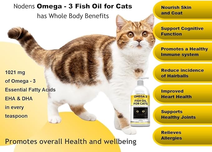 Nodens Natural Fish Oil for Cats Skin & Coat - 100% Pure Omega 3 Fish Oil for Dandruff & Hairballs - Cat Vitamins and Supplements Fish Oil Liquid for Joint Inflammation, Immune Support & Digestion