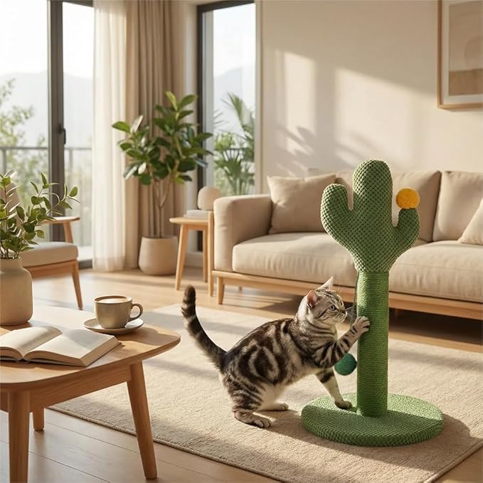 ZEZE Desert Cactus Woven Rope Cat Scratcher – 25-in Sisal Climbing Post with Plush Base, Durable Cat Furniture for Scratching, Stretching & Play