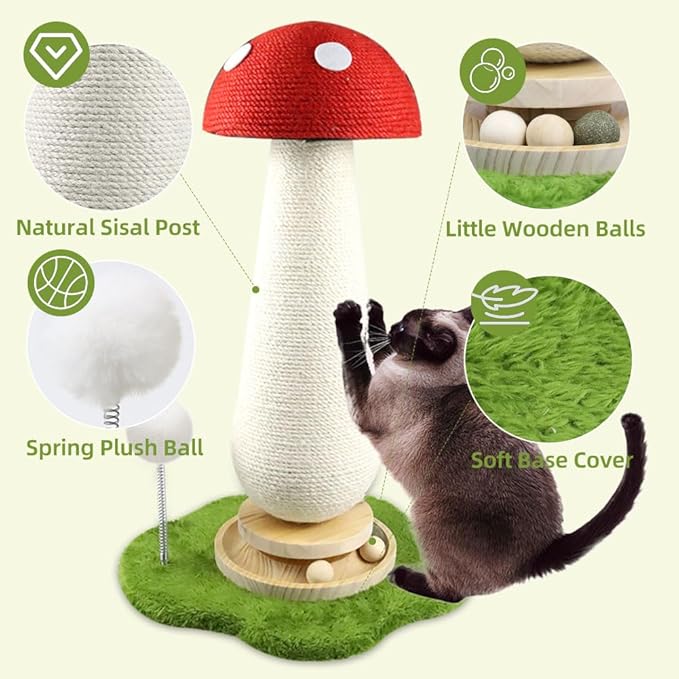 Mushroom Cat Scratching Post, Mushroom Cat Tree with Interactive Ball Track Spring Ball Cat Toys, Cute Cat Scratching Post for Indoor Kittens Adults, 100% Sisal Covered
