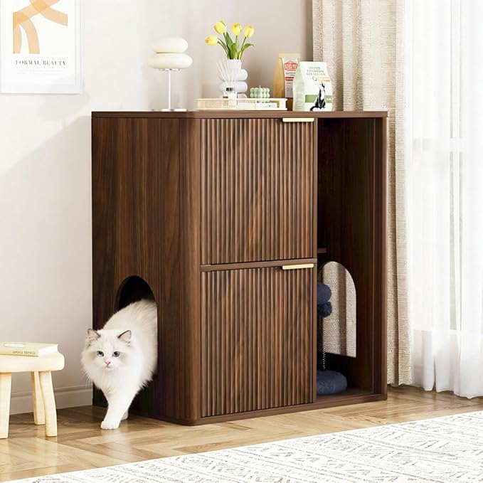 Cat Litter Box Enclosure Furniture, 2 Storey Hidden Litter Box Cabinet with Scratching Post & Storage Shelf, Fluted Modern Litter Box Enclosure for Living Room, Bedroom,Walnut