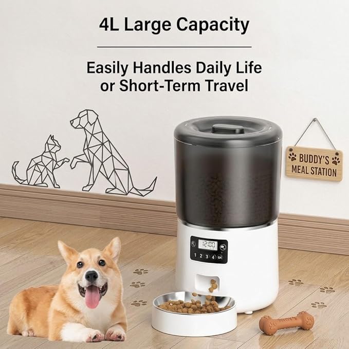 Automatic Pet Feeder 4L, Timed Cat and Dog Food Dispenser with Forced-Push Anti-Clog System, Dual Power Supply, Portion Control, Stainless Steel Bowl for Daily Feeding and Short-Term Travel