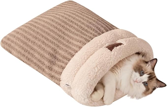 Cat Sleeping Bag for Indoor Cats, Self Warming Cat Bed Cave Fits up to 15 lbs Pets, Pet Sleeping Bed with Plush Portable Snuggle Sack/Hideway 17''×21''Coffee