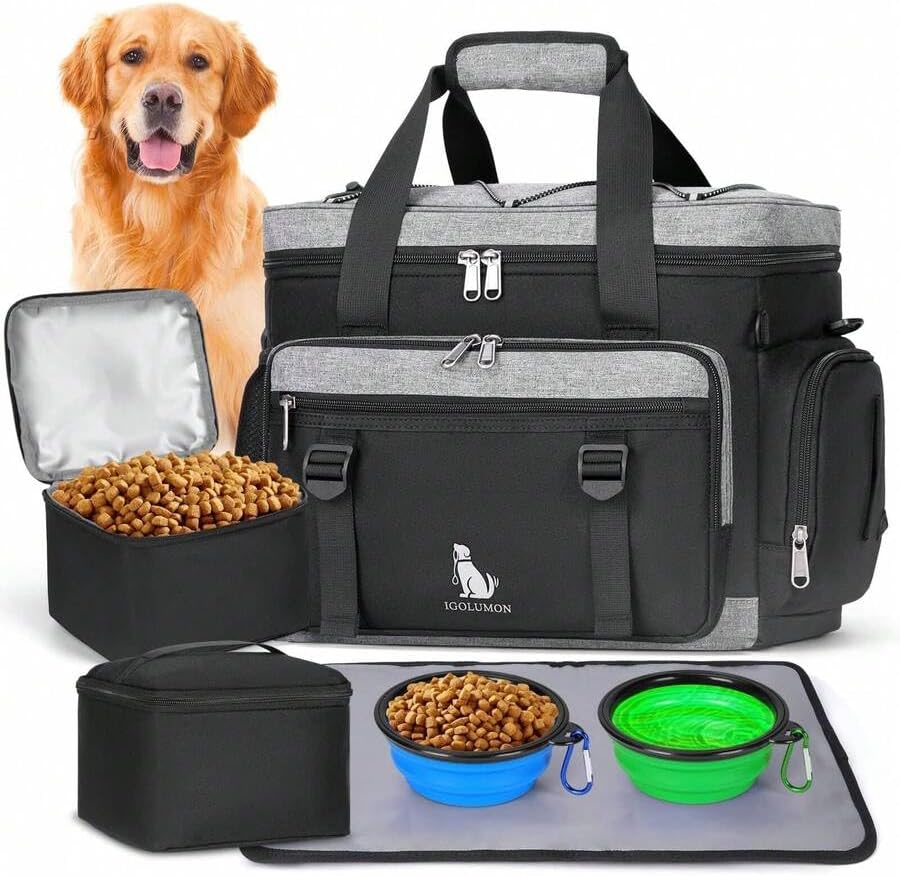 Premium Large Dog Travel Bag Weekend Pet Supplies Organizer Kit with 2 Extra Large Food Containers 2 Collapsible Bowls 1 Feeding Mat Multi Pocket (Black)