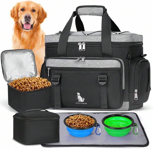 Premium Large Dog Travel Bag Weekend Pet Supplies Organizer Kit with 2 Extra Large Food Containers 2 Collapsible Bowls 1 Feeding Mat Multi Pocket (Black)