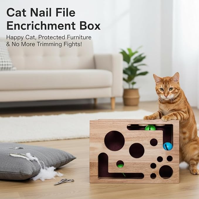 Cat Scratch Puzzle Enrichment Box-Wooden Sandpaper Surface for Indoor Cats
