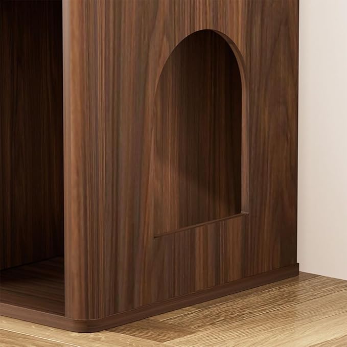 Cat Litter Box Enclosure Furniture, 2 Storey Hidden Litter Box Cabinet with Scratching Post & Storage Shelf, Fluted Modern Litter Box Enclosure for Living Room, Bedroom,Walnut