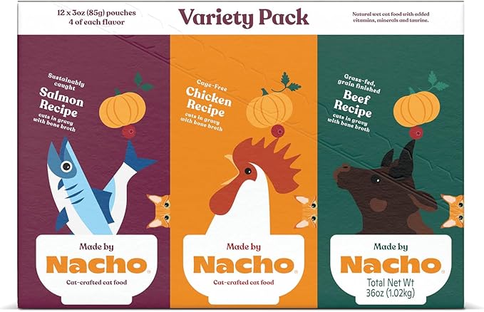 Made by Nacho Wet Cat Food Variety 12 Pack (3oz Each), Cage-Free Chicken, Sustainably Caught Salmon, Grass-Fed Beef with Bone Broth for Extra Hydration, Gravy Cut Pouches