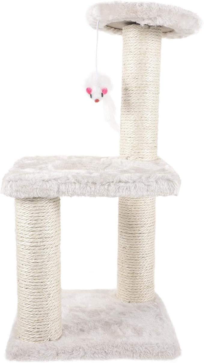 TOYANDONA Beige Sisal Cat Scratching Post 3-Layer Integrated Cat Tree with Hanging Mouse Multi-Level Kitten Activity Tower for Indoor Pet Play and Claw Care