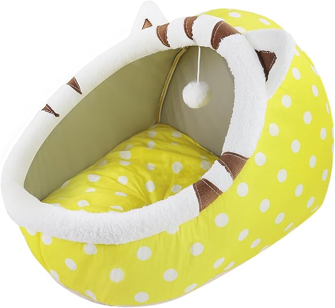 Andiker Cat Beds for Indoor Cats, Semi-Enclosed Cat Cave Bed with a Plush Ball Large Space for Cats to Sleep Soft and Comfortable Covered Cat Bed with a Washable and Detachable Mat (Yellow, L)