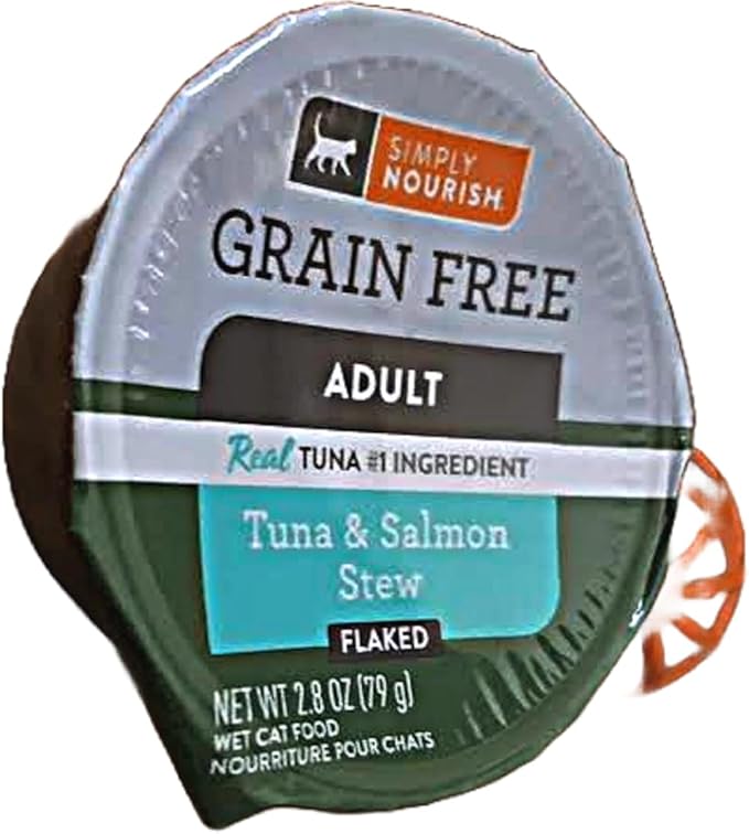 SIMPLY NOURISH Adult Cat Grain Free Stew Flaked. 6-2.8 OZ Cups. Plus Cat Toy Will Vary. (Tuna & Salmon Stew)