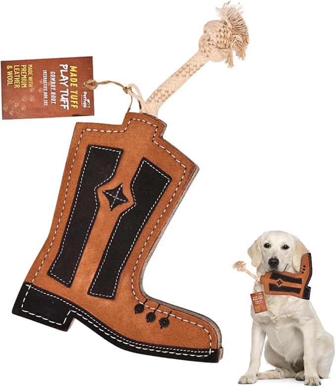 Cowboy Boot Leather Chew Toy for Dogs - Extra Thick Wool, Stitched & Real Leather Dog Toy for Small, Medium & Large Dogs - Durable & Safe Chew Toys for Puppies