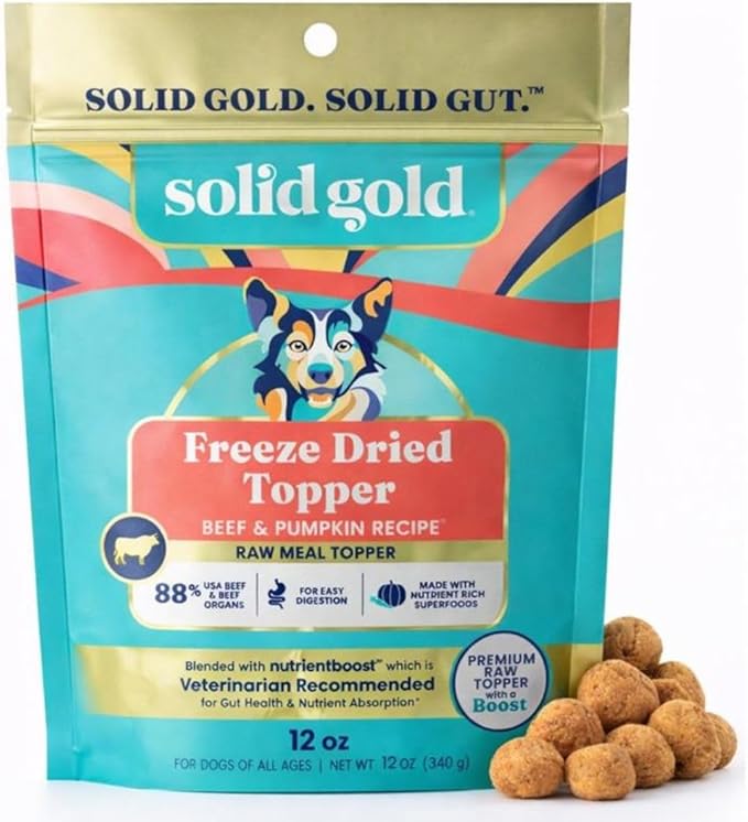 Solid Gold Freeze Dried Dog Food - W/Real Beef, Pumpkin & Superfoods - Freeze Dried Raw Dog Food Toppers for Picky Eaters to Serve as a Nutrient-Dense Meal Topper or High Protein Treats - 12oz