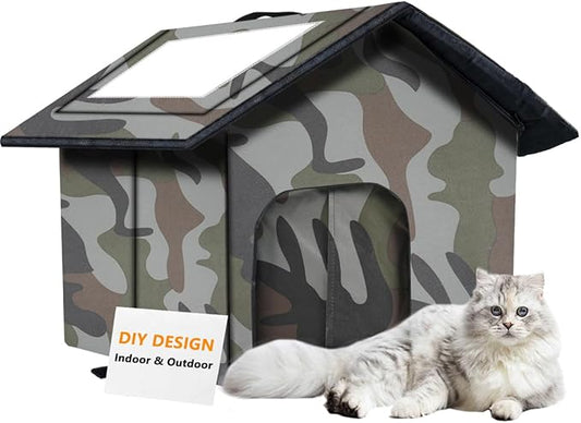Cat House for Outdoor Cats, Weatherproof Feral Cat House with Mat and Doors, Easy to Put Together, Collapsible Warm Pet Nest Kitty Shelter for Winter, Never Blow Away