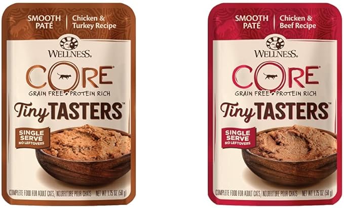 Wellness CORE Tiny Tasters Wet Cat Food Variety Bundle: 12 Pack (Adult, Chicken & Turkey Pate) + 12 Pack (Adult, Chicken & Beef)