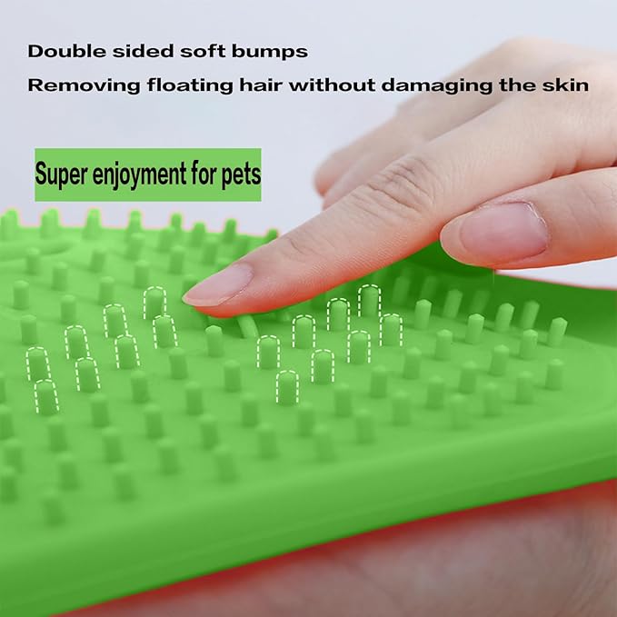 YOFANG Double-Side Pet Grooming Gloves, 4-in-1 Bathing Massage Hair Remover Brush, Anti-Slip Bite-Proof for Cat,Food Grade Silicone Deshedding Glove for Dogs Cats Horses Rabbits,Green-9" L (1 Pair)