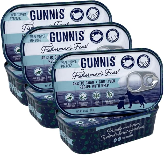 Pet Fisherman’s Feast Dog Food Topper – Arctic Char & Cod Liver with Kelp – Gently Cooked, Grain-Free, Omega-Rich Meal Topper for Dogs – 4.5 oz Tins, Pack of 6