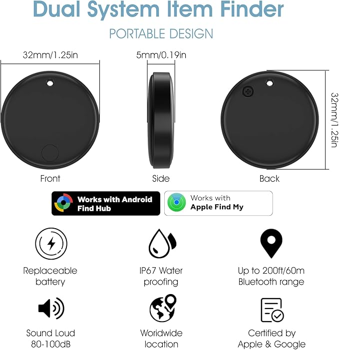 Smart Tracker Tags 2 Pack-for Android or iOS,Dual System Smart Tags、Bluetooth Tracker Work with Apple Find My or Google Find Hub App,Item Locator for Backpack,Pet,Keys,IP67 Waterproof (Black)