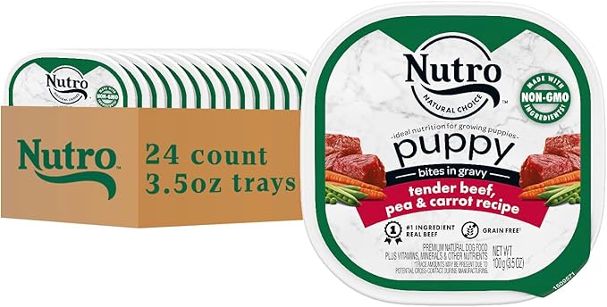 Nutro Puppy Grain Free Dog Food, Natural Wet Dog Food Bites in Gravy Tender Beef, Pea & Carrot Recipe, 3.5 oz. Trays (24 Count, Pack of 1)