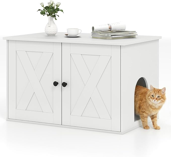 Tangkula Cat Litter Box Enclosure, Hidden Cat Washroom Cabinet with Double Doors, Divider, Side Entry, Indoor Wooden Cat House End Table, Enclosed Litter Box Furniture (White)