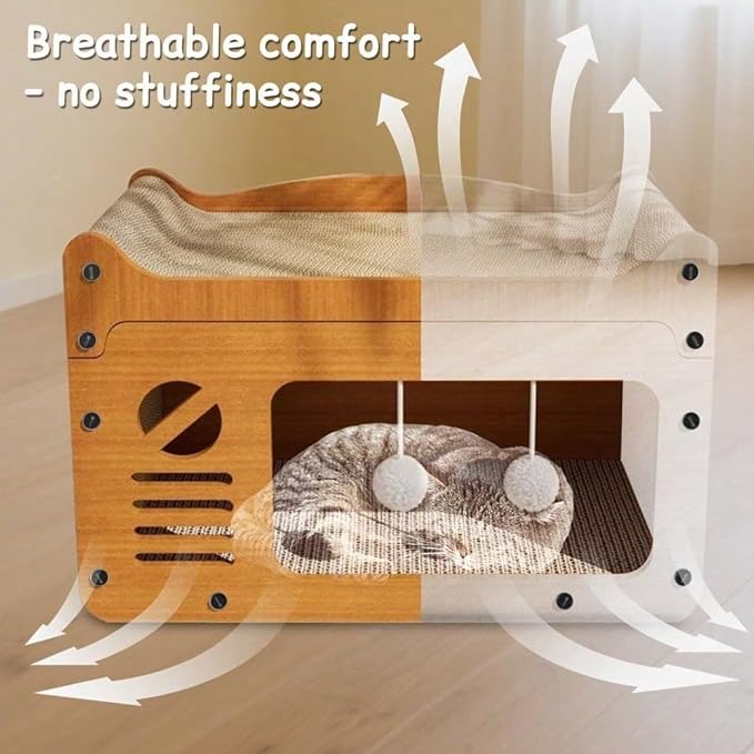 Multi-Function Cat Scratcher House Box,3-in-1 Scratch Pad and Soft Bed & Play Cave with Toys, Durable Build & Ideal for Cats/Kitty (Yellow,MD-TV)