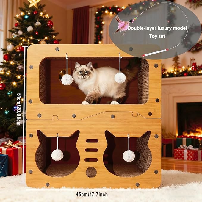 One Large Three-Tier/Two-Tier Deluxe Cat House Featuring a Scratching Board, Suitable for Both Indoor and Outdoor Use. This Ventilated Cat Shelter Comes with Included Cat Toys, is Easy to Assemble