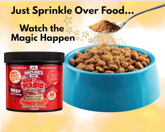 Freeze-Dried Raw Magic Dinner Dust - Premium Dog and Cat Food Topper with 96% Protein from Raw Meat, Liver, Bone Broth, Fruits and Vegetables - Irresistable - Perfect for Picky Eaters - 8oz (Chicken)