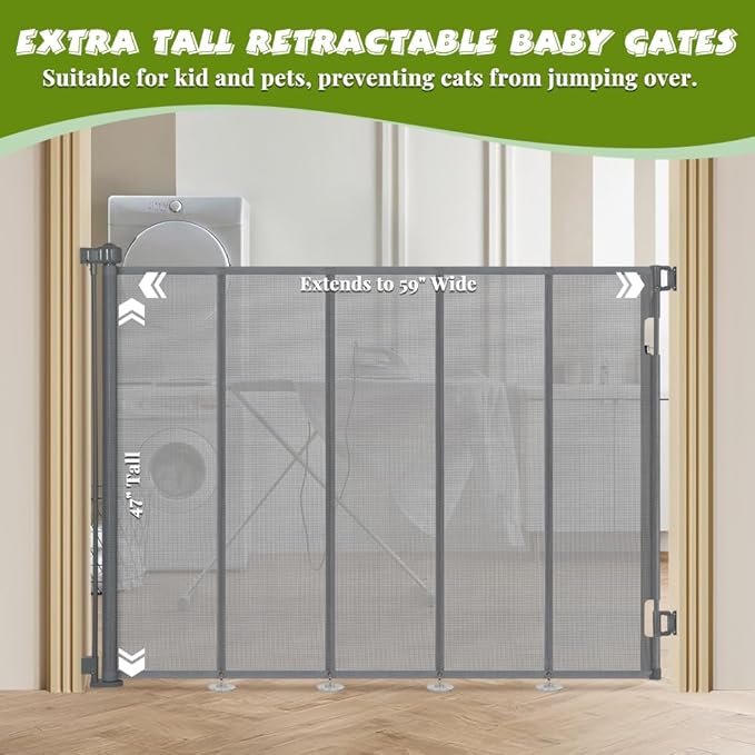 47" Extra Tall Retractable Baby Gates, Extends to 59" Wide, ExtraTall Retractable Safety Gate with Reinforced Strips, Retractable Tall Dog Gates for Doorways Mesh Baby Pet Gates Indoor, Grey