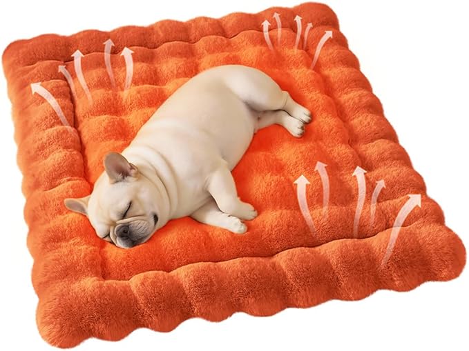 Self-Warming Cat Bed, Plush Faux Fur Pet Bed Mat with Anti-Slip Bottom, Ultra Soft Heated Bed for Cats & Medium Dogs, Cozy Fluffy Pad for Couch & Crate, Machine Washable, 27x20 Inch Orange