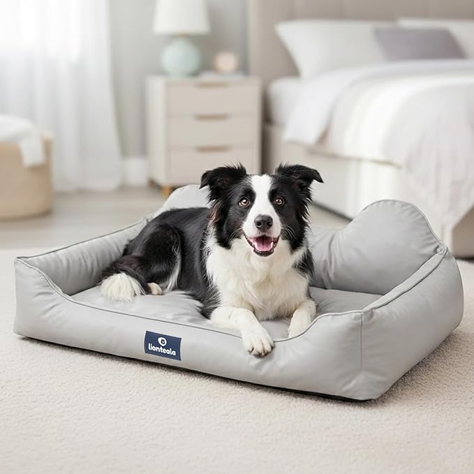 EarsUp Dog Bed 43Inch Leather Dog Sofa, Detachable Orthopedic Puppy Beds, Rectangle Pet with Non-Slip Bottom, Waterproof, Machine Washable (Gray)