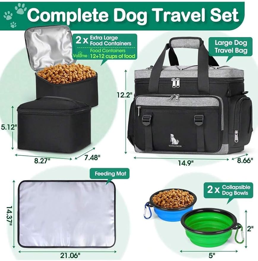 Premium Large Dog Travel Bag Weekend Pet Supplies Organizer Kit with 2 Extra Large Food Containers 2 Collapsible Bowls 1 Feeding Mat Multi Pocket (Black)