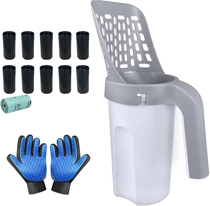 Cat Litter Scoop, Litter Scooper with Holder Removable Manure Sieve Scoop, Large Capacity Cat Litter Scooper Comes with 215 Bags and A Pair of Cat Brush for Shedding Gloves.