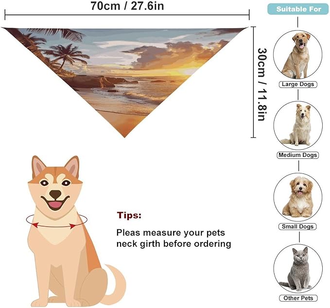 Dog Bandana Spring Pet Scarf Adjustable Triangle Tropical Beach at Sunset Printing Dog Bib Washable Polyester Puppy Bandana for Small Medium Large Dogs Cat Birthday Party Supplies