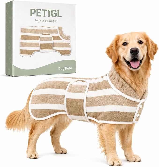 Dog Robe, Towels for Dogs After Bath, Dog Bathrobe for Drying Dogs, Fast Drying Super Absorbent Striped Dog Towel Wrap, Adjustable Warm Pet Bath Supplies (Khaki, Small)