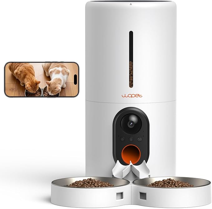 WOPET Automatic Cat Feeder with Camera for Two Cats, 6L Automatic Dog Feeder with HD Video and Night Vision, 5G/2.4G WiFi Pet Feeder for Cats & Dogs, SD Card Storage & 2-Way Audio