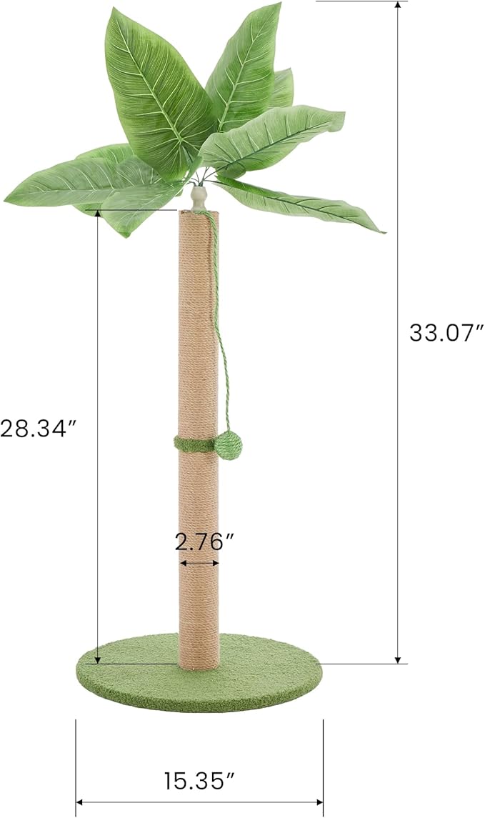 33" Tall Cat Scratching Posts for Indoor Cats, Cat Scratching Post Premium Basics Kitten Scratcher Sisal Scratch Posts with Hanging Ball, All Ages with Reinforced Stable Base, Green
